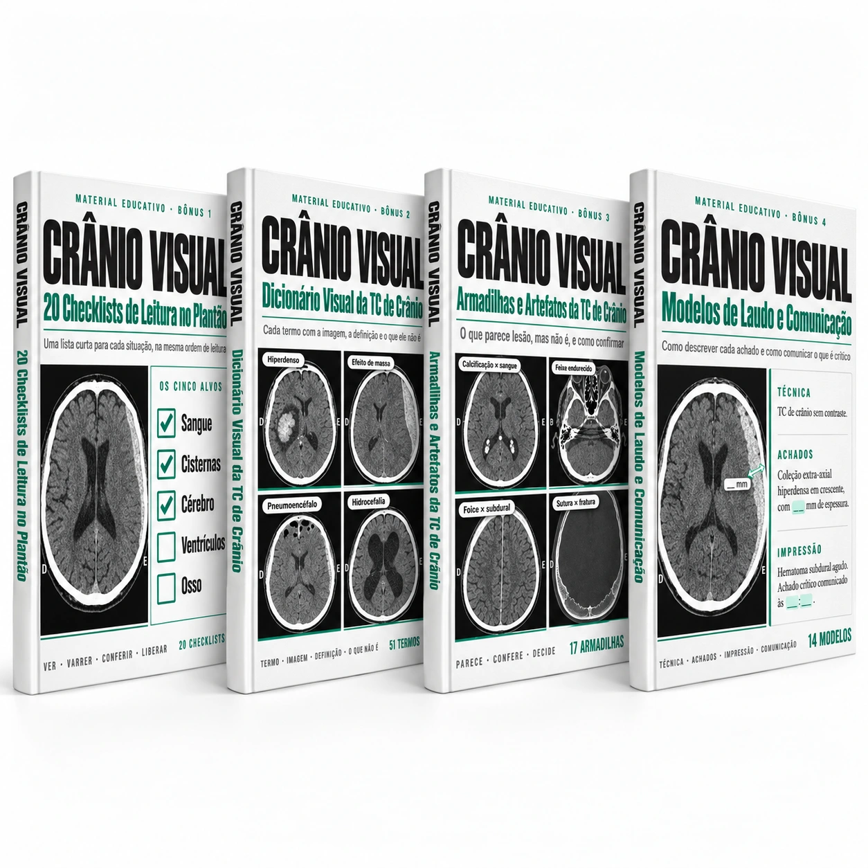 Quatro bônus Crânio Visual: checklists, dicionário, armadilhas e modelos de laudo
